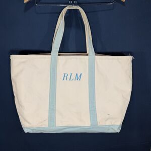Vintage LL Bean Boat & Tote Canvas Bag Baby Powder Blue Trim Large Zip Top USA